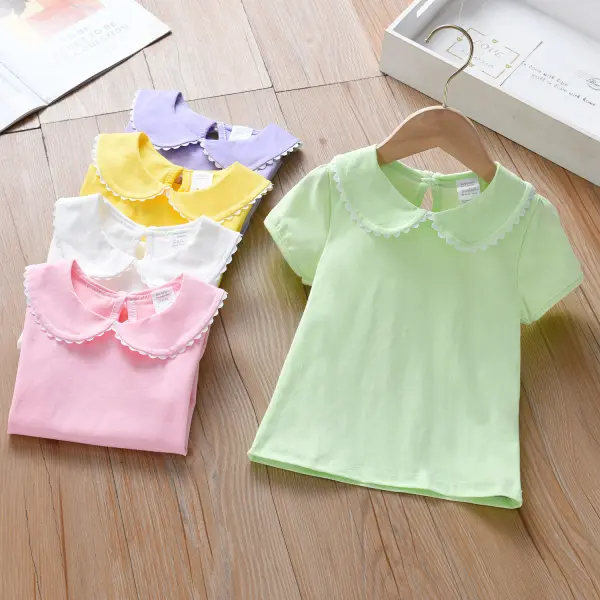 【12M-5Y】Girl Sweet Solid Color Doll Collar Short Sleeve T-shirt - Popopie.com 