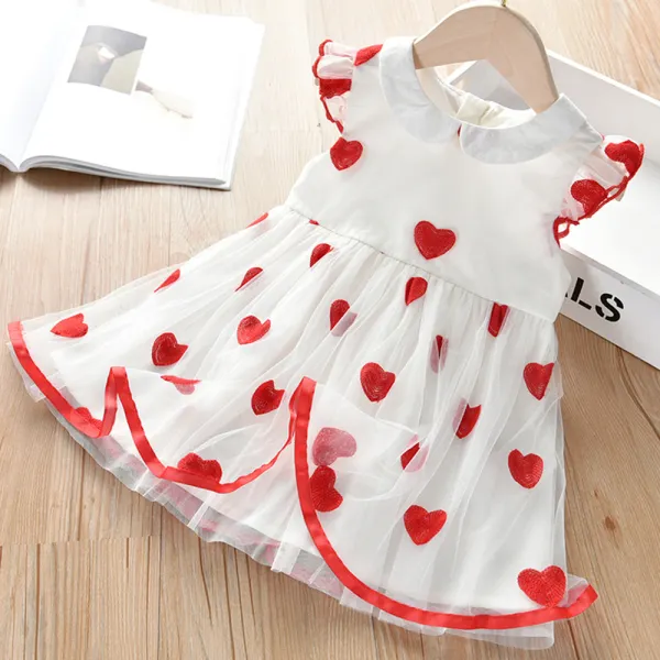 【18M-11Y】Girls White Heart Embroidered Mesh Dress - 33277 - Popopieshop.com 