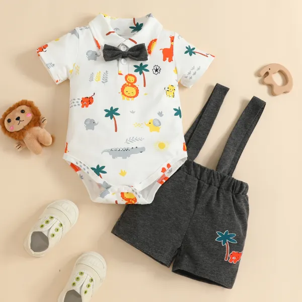 【0M-18M】2-piece Boys Casual Cartoon Print Romper And Overalls Set - Popopieshop.com 