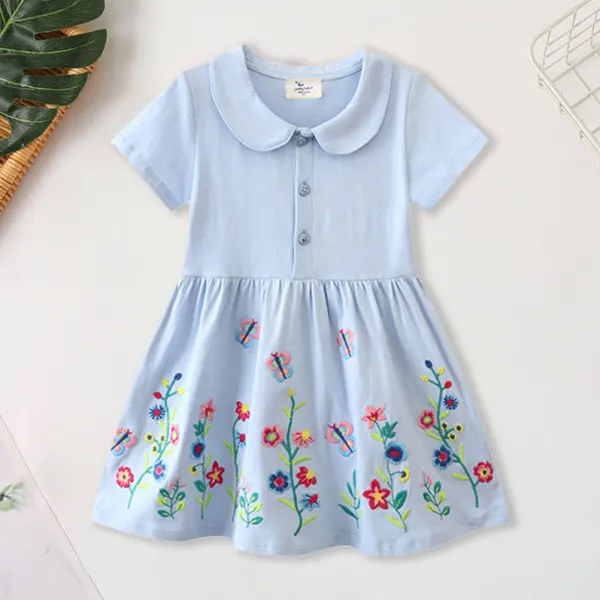 【2Y-8Y】Girl Sweet Light Blue Floral Embroidery Doll Collar Short Sleeve Dress - Popopieshop.com 
