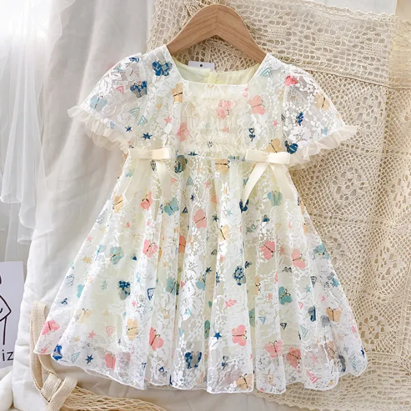 【18M-8Y】Girls Sweet Round Neck Short Sleeve Butterfly Print Lace Dress-33100 - Popopieshop.com 