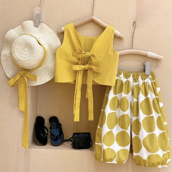 【18M-9Y】3-piece Girls Yellow Polka Dot Backless Top And Pants Set With Hat - 34297 - Popopieshop.com 