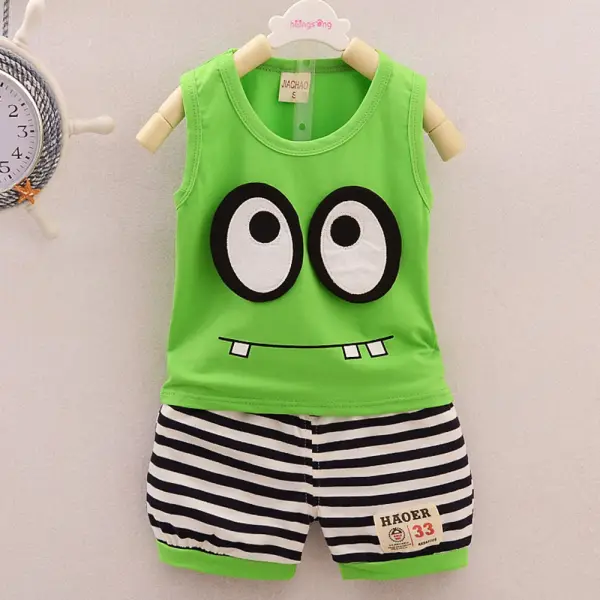 【9M-4Y】2-piece Boys Cartoon Embroidered Vest And Striped Shorts Set - Popopieshop.com 