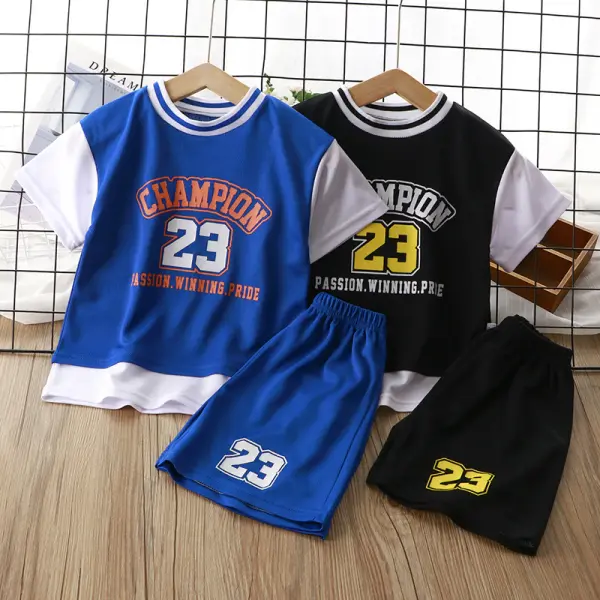 【18M-11Y】2-piece Boys Quick Drying Letter Print Short-sleeved T-shirt And Shorts Set - 4439 - Popopieshop.chimpone.com 