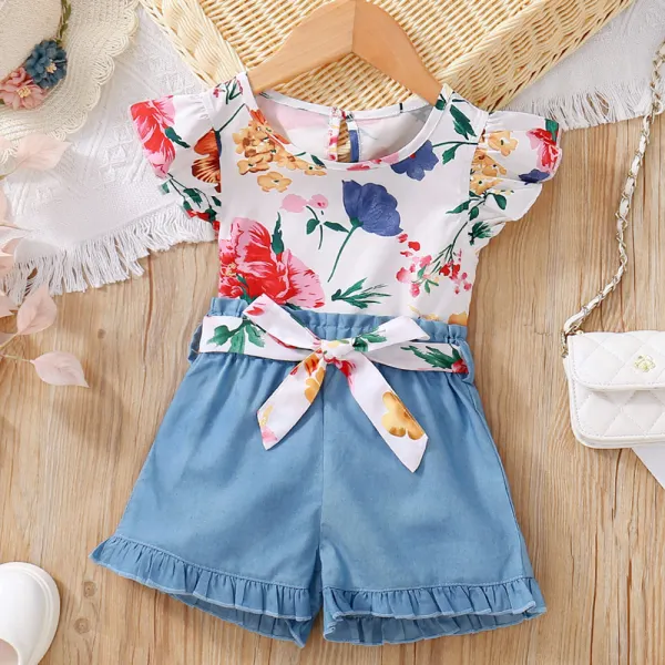 【18M-7Y】2-piece Girls White Floral Top And Denim Shorts Set - 34230 - Popopieshop.com 