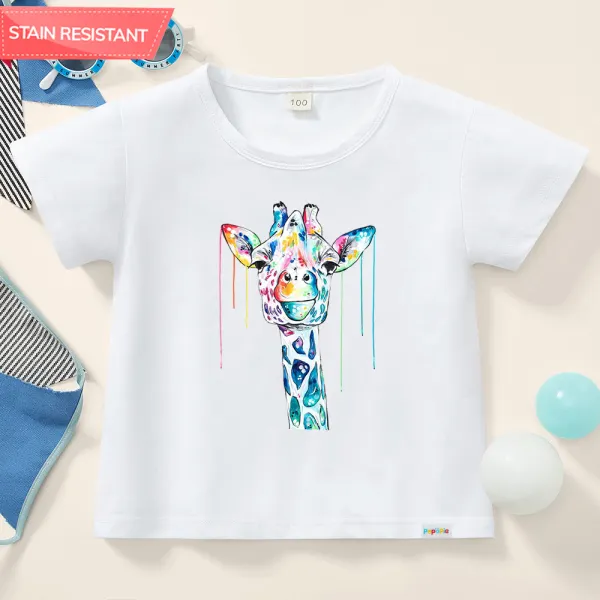 【12M-9Y】Kids Giraffe Print Cotton Stain Resistant Short Sleeve T-shirt - Popopieshop.com 