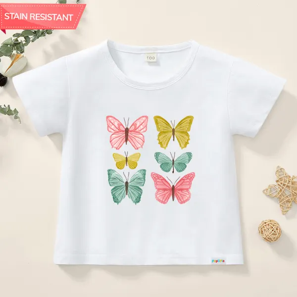 【12M-9Y】Girl Butterfly Print Cotton Stain Resistant Short Sleeve T-shirt - Popopieshop.com 