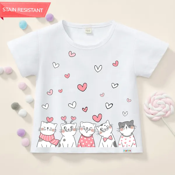 【12M-9Y】Girls Cotton Stain Resistant Cat Pattern Short Sleeve Tee - 7125 - Popopieshop.com 