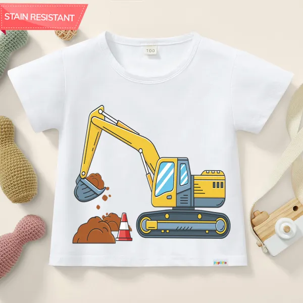 【12M-9Y】Boys Excavator Print Cotton Stain Resistant Short Sleeve T-shirt - Popopieshop.com 