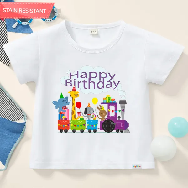 【12M-9Y】Kids Cute Happy Birthday Letters And Cartoon Animal Print Cotton Stain Resistant Short Sleeve T-shirt - Popopieshop.com 