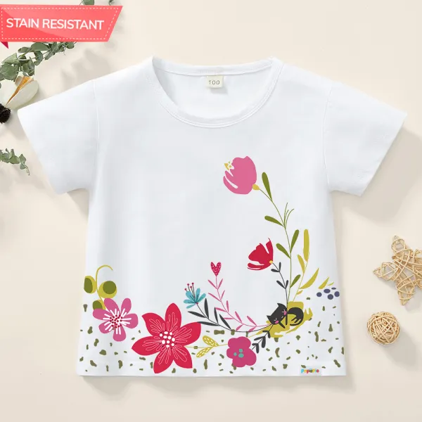 【12M-9Y】Girl Sweet Flower Print Cotton Stain Resistant Short Sleeve T-shirt - Popopieshop.com 