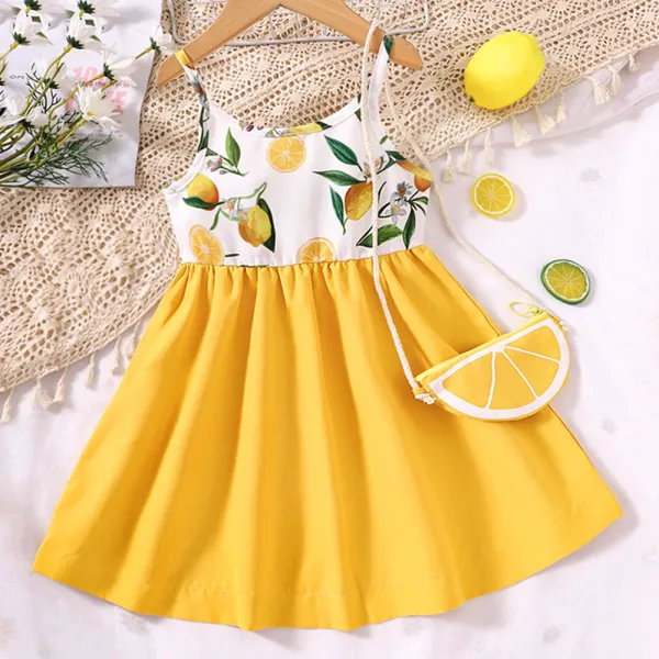 【18M-7Y】2-piece Girls Yellow Lemon Print Sling Dress With Bag - Popopieshop.com 