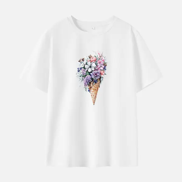 Women Cotton Stain Resistant Flowers Ice Cream Print Short Sleeve T-shirt - Popopieshop.com 