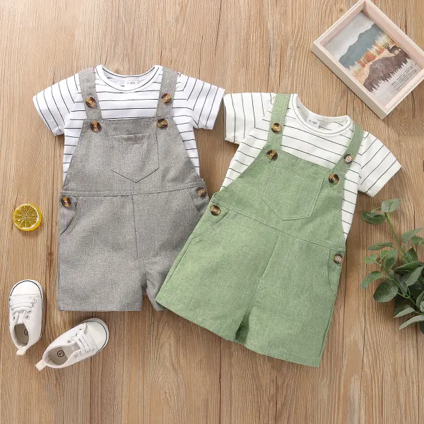【3M-24M】Unisex Baby Casual Striped Short Sleeve Romper And Solid Color Strap Shorts Set - Popopieshop.com 