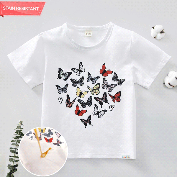 【12M-9Y】Girl Cotton Stain Resistant Butterfly Print Short Sleeve Tee - 7141 - Popopieshop.com 