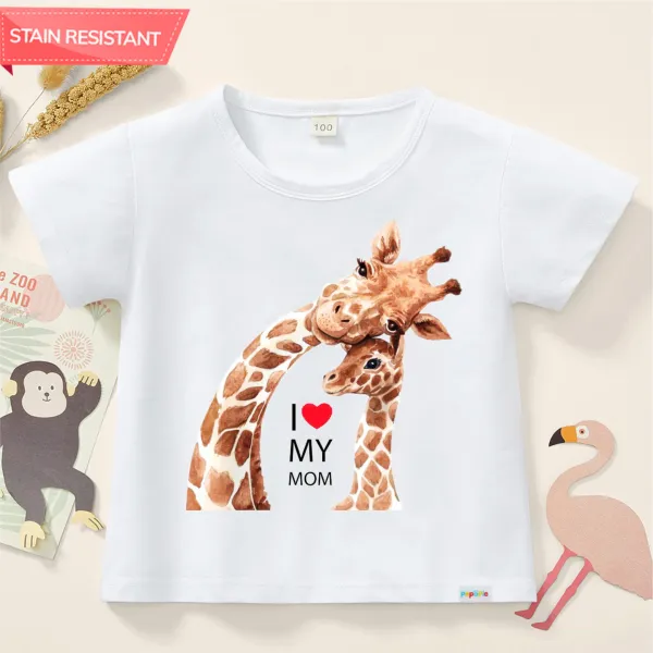 【12M-9Y】Unisex Kids Mother's Day Giraffe Letter Print Antifouling Cotton Short Sleeve T-shirt - 004 Only $6.99 - Popopieshop.com 