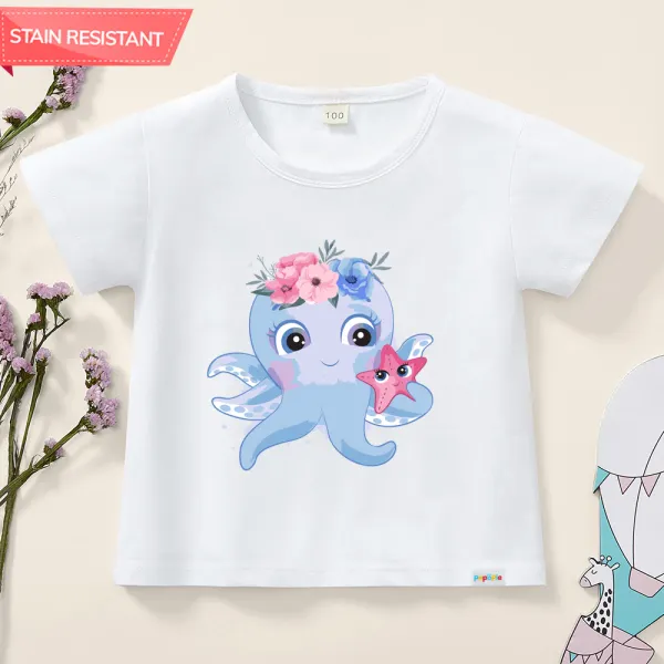 【12M-9Y】Girl Cotton Stain Resistant Octopus Floral Prints Short Sleeve Tee - Popopieshop.com 