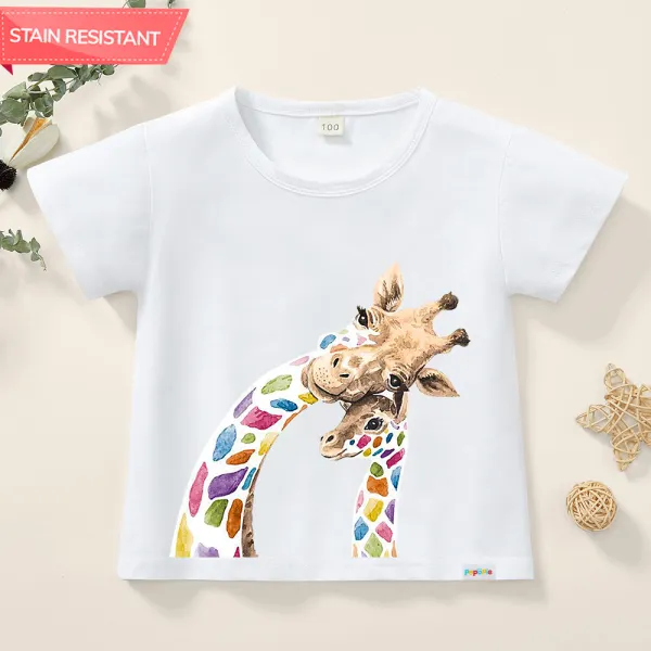 【12M-9Y】Kids Giraffe Print Cotton Stain Resistant Short Sleeve T-shirt - 7172 - Popopieshop.com 
