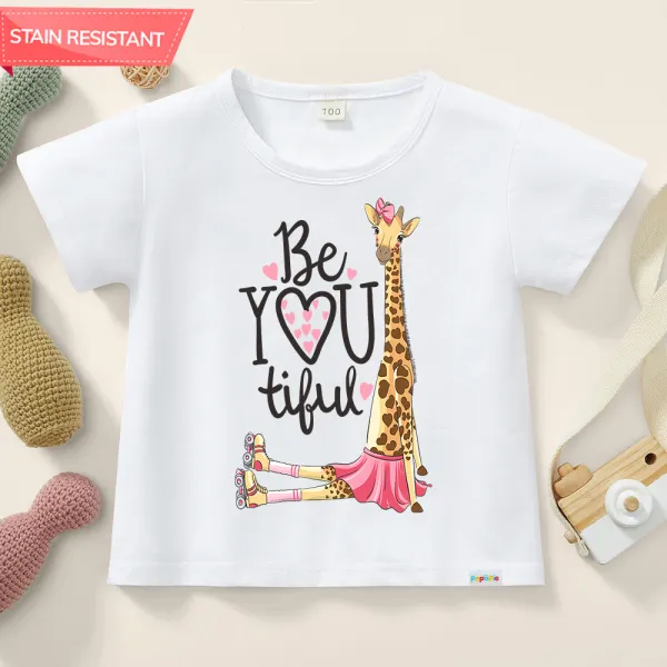 【12M-9Y】Girl Cotton Stain Resistant Giraffe Print Short Sleeve Tee - Popopieshop.com 