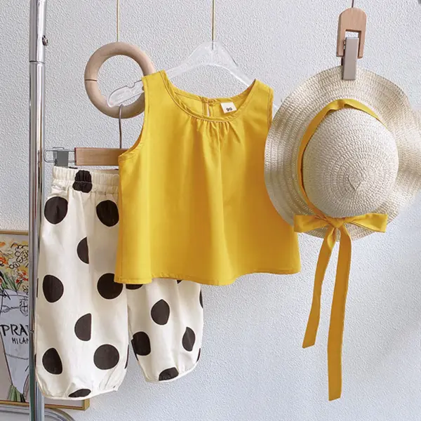 【18M-9Y】3-piece Girls Yellow Top And Polka Dot Pants Set With Hat - 34355 - Popopieshop.com 
