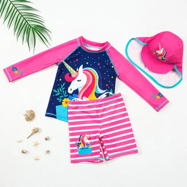 【12M-7Y】3-piece Girls Cute Unicorn Print Swimsuit Set With Hat - Popopieshop.com 