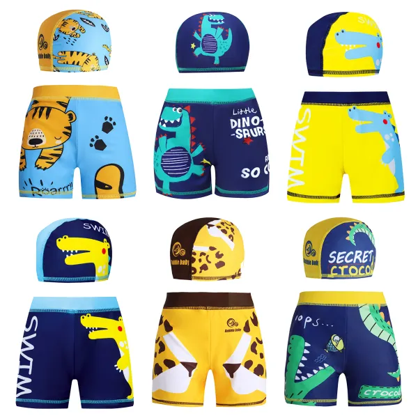 【3Y-13Y】2-piece Boys Casual Cartoon Printed Swimming Trunks With Hat - Popopieshop.com 