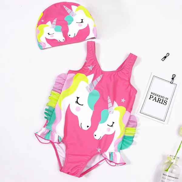【12M-5Y】2-piece Girls Cute Unicorn Print One Piece Swimsuit With Hat - Popopieshop.com 