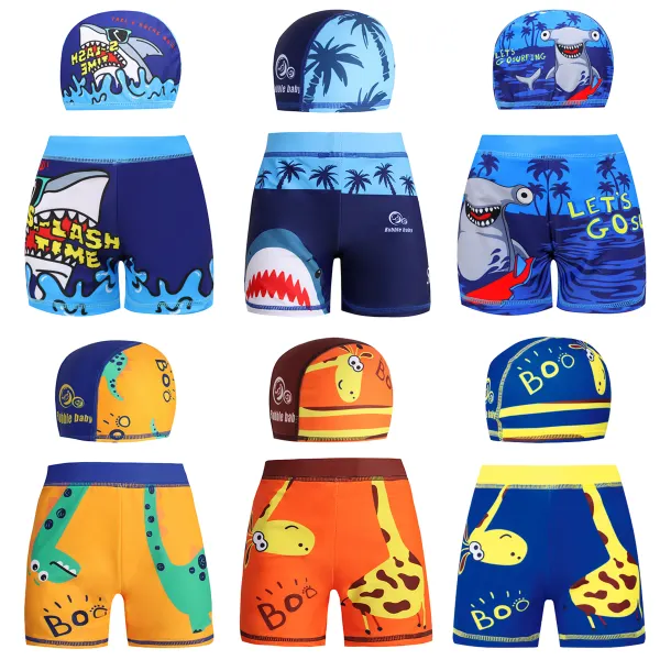 【3Y-13Y】2-piece Boys Casual Cartoon Printed Swimming Trunks With Hat - Popopieshop.com 