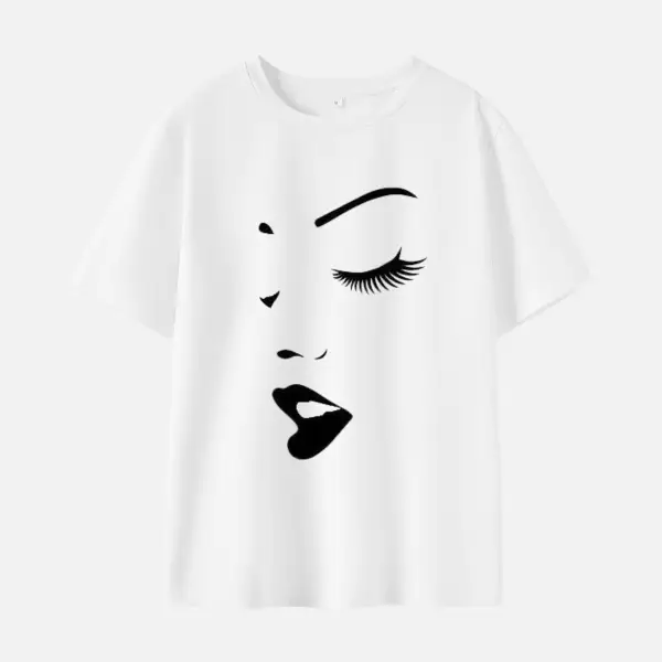 Women Human Face Print Cotton Stain Resistant Short Sleeve T-shirt - 7901 - Popopieshop.com 