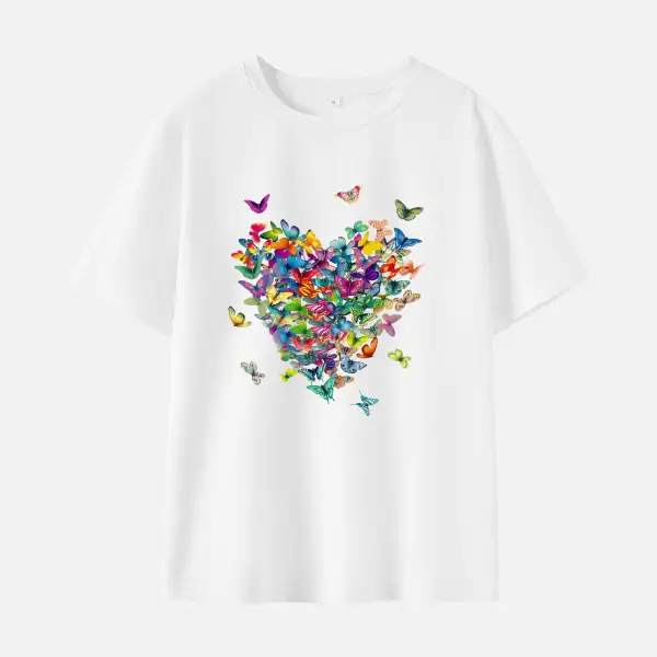 Women Colorful Butterfly Print Cotton Stain Resistant Short Sleeve T-shirt - Popopieshop.com 