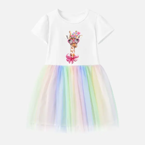 【12M-7Y】Girl Stain Resistant Cotton Pink Bow Giraffe Print Splicing Tulle Short Sleeve Dress - Popopieshop.com 