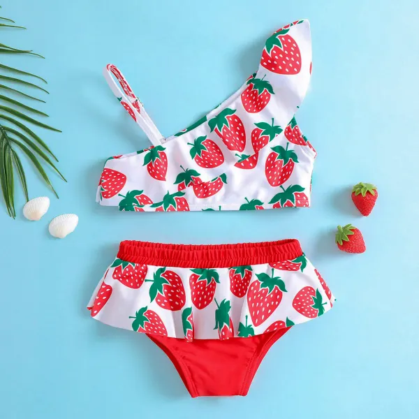 【12M-5Y】2-piece Girls Red Strawberry Print Ruffle Swimsuit Set - Popopieshop.com 