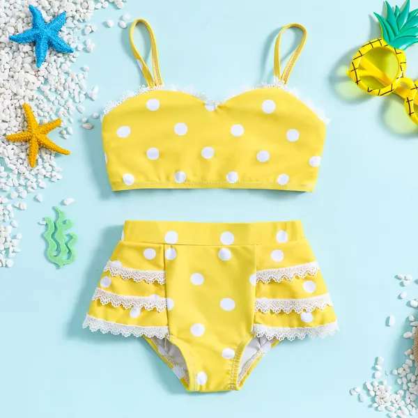 【12N-7Y】2-piece Girls Polka Dot Print Yellow Swimsuit Set - Popopieshop.com 
