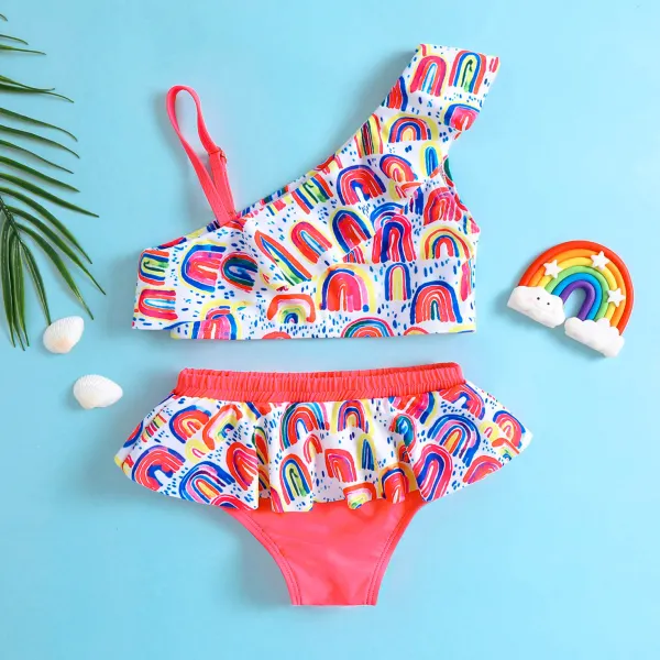 【12M-5Y】2-piece Girls Rainbow Print Ruffle Red Swimsuit Set - Popopieshop.com 