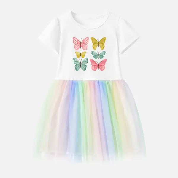 【12M-7Y】Girl Stain Resistant Cotton Butterfly Print Splicing Tulle Short Sleeve Dress - 7316 - Popopieshop.com 