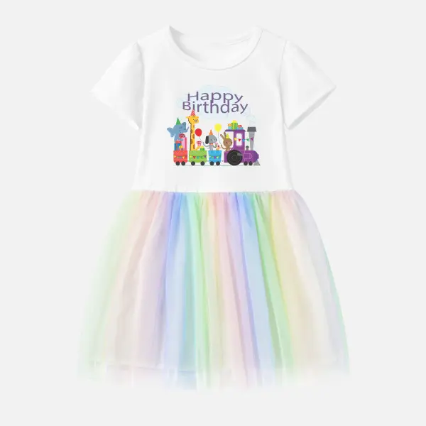 【12M-7Y】Girl Stain Resistant Cotton Birthday Letter With Train And Animals Print Splicing Tulle Short Sleeve Dress - Popopieshop.com 