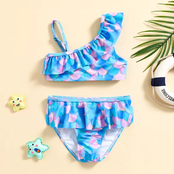 【12M-5Y】2-piece Girls Mermaid Print Ruffle Blue Swimsuit Set - Popopieshop.com 