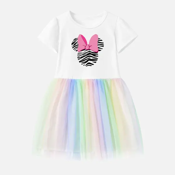【12M-7Y】Girl Stain Resistant Cotton Cartoon Bow Print Splicing Tulle Short Sleeve Dress - 7321 - Popopieshop.com 