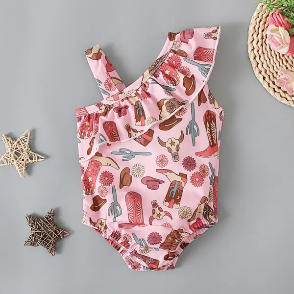 【6M-3Y】Baby Girl Cute Sweet Floral Print Ruffle Slanted Shoulder Beach One-Piece Swimsuit - Podoasis.com 
