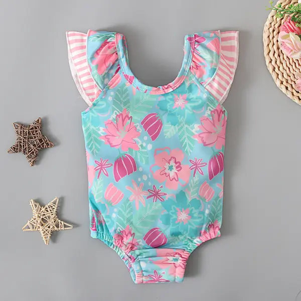 【6M-3Y】Baby Girl Cute Sweet Light Blue Flower Print Ruffle Bowknot Beach One Piece Swimsuit - Popopieshop.com 