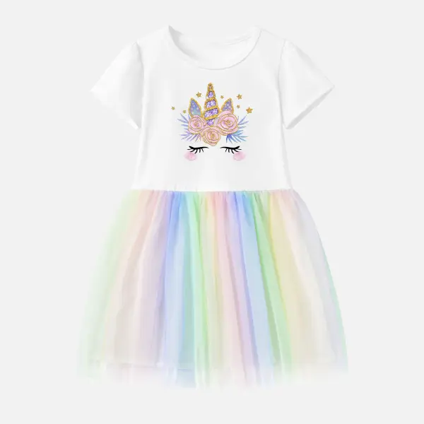 【12M-7Y】Girl Cotton Stain Resistant Unicorn Print Splicing Tulle Short Sleeve Dress - 7326 - Popopieshop.com 