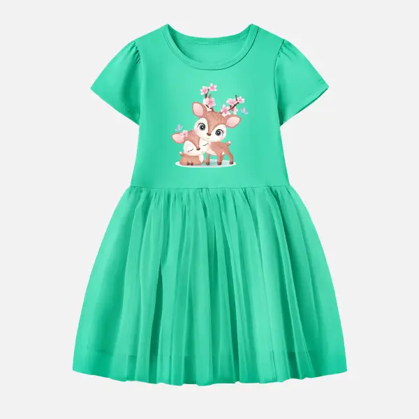 【12M-7Y】Girl Cotton Stain Resistant Fawn Print Splicing Tulle Short Sleeve Dress - 7329 - Popopieshop.com 