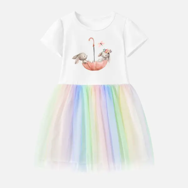 【12M-7Y】Girl Cotton Stain Resistant Bunny Print Splicing Tulle Short Sleeve Dress - Popopieshop.chimpone.com 