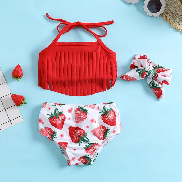 【6M-5Y】3-piece Girls Fashion Strawberry Print Tassel Swimsuit Set With Headband - Popopieshop.com 