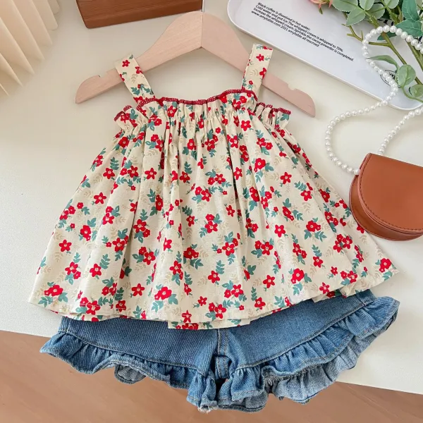 【12M-7Y】2-piece Girls Fashion Flower Print Camisole Top And Blue Denim Shorts Set - 34378 - Popopieshop.com 