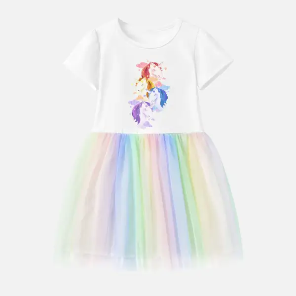 【12M-7Y】Girl Cotton Stain Resistant Unicorn Print Splicing Tulle Short Sleeve Dress - Popopieshop.com 
