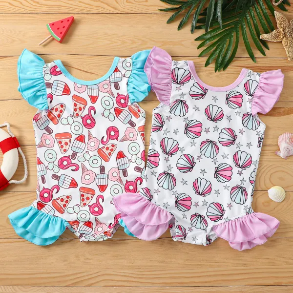 【12M-5Y】Girl Cute Sweet Cartoon Seashell Print Ruffle Beach Swimsuit - Popopieshop.com 