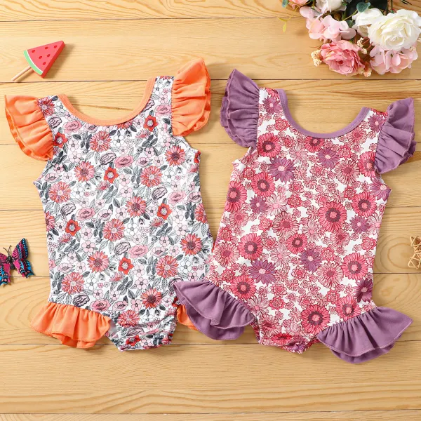【12M-5Y】Girl Cute Sweet Floral Print Ruffle Beach Swimsuit - Popopieshop.com 