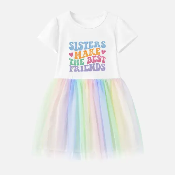 【12M-7Y】Girl Cotton Stain Resistant Letter Print Splicing Tulle Short Sleeve Dress - 7337 - Popopieshop.com 