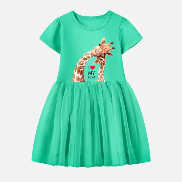 【12M-7Y】Girl Cotton Stain Resistant Giraffe Print Splicing Tulle Short Sleeve Dress - 7317 - Popopieshop.com 